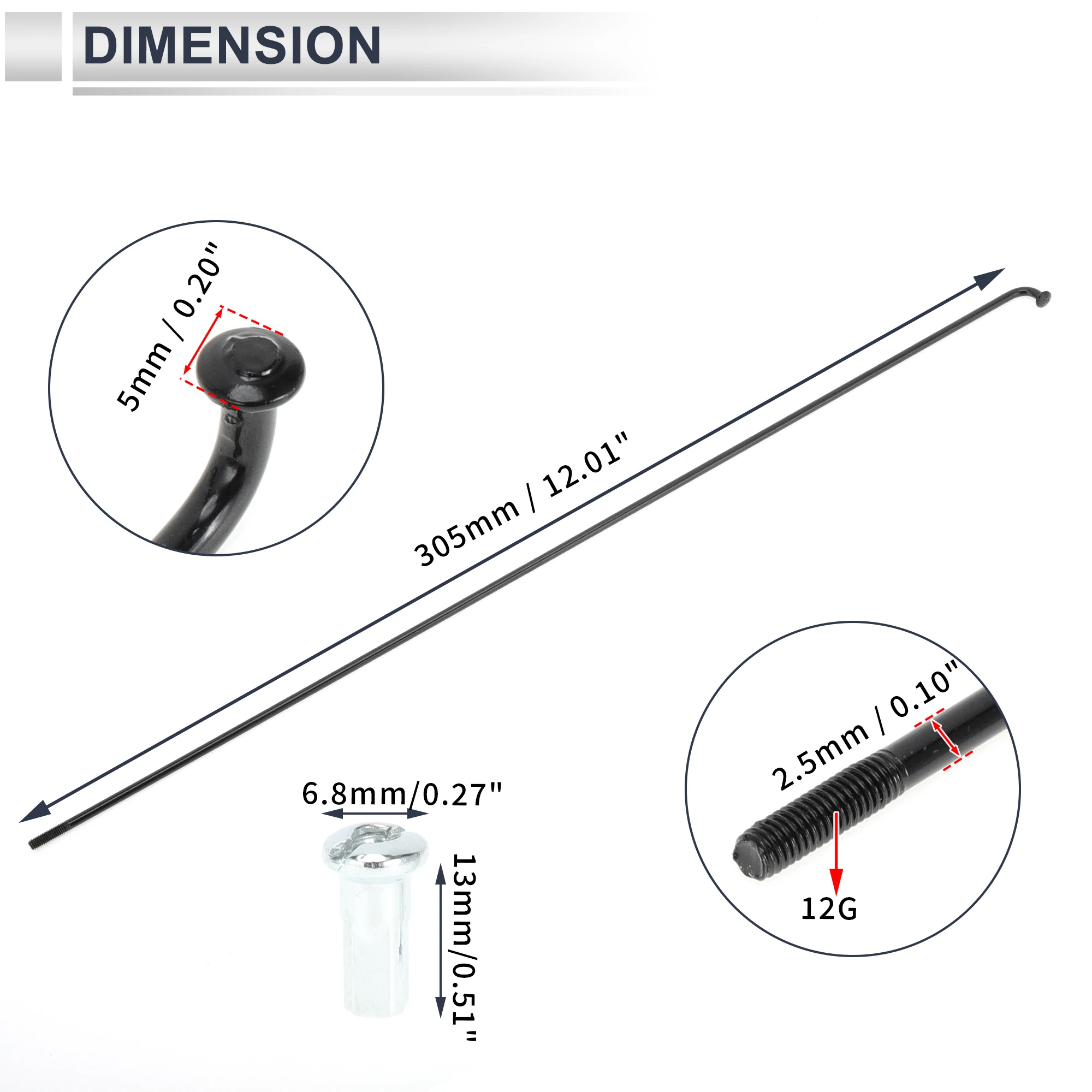 X Autohaux Bicycle Spoke Kit 12G 148mm 154mm 163mm 173mm-305mm Length Bike Wheel Spoke with Nipples Carbon Steel Black 36 Pcs