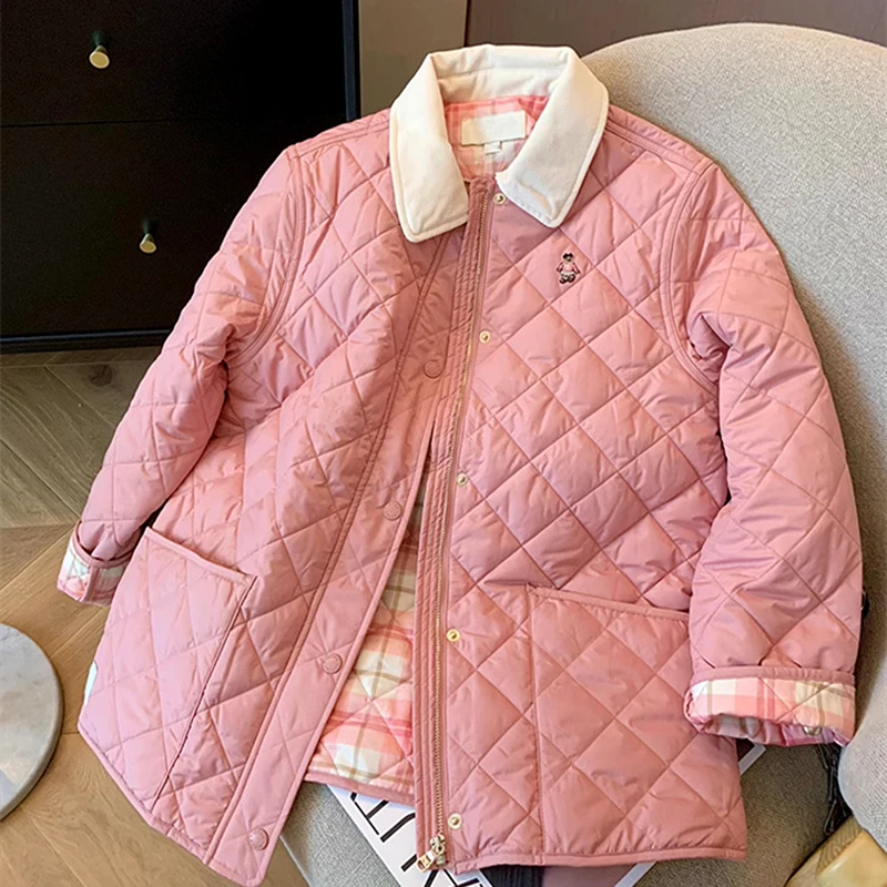 

Hip Hop Bear Cartoon Vintage Pink Quilted Plaid Parkas Coat Harajuku Loose Jackets Women Girls Casual Overcoats Korean Fashion