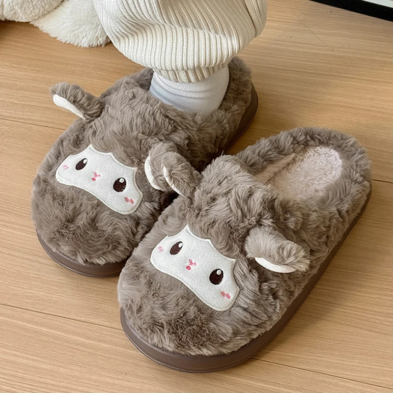 Cute Cartoon Non Slip Cotton Slippers Women Comfortable Soft Sole Warm Plush Home Slippers Woman Indoor Thick Sole Fluffy Slides