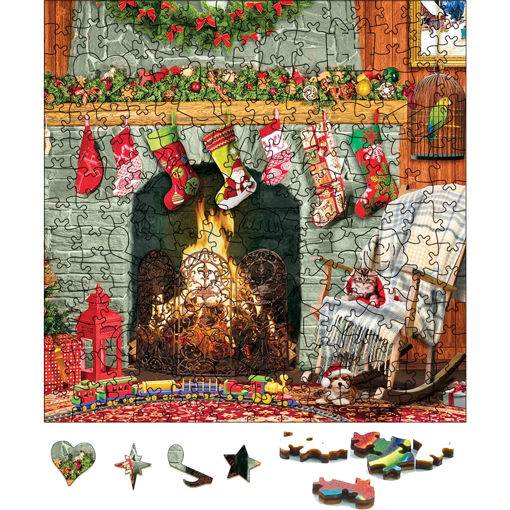 3D Puzzle Christmas By The Fireplace Wooden Jigsaw Puzzle Festival Gift Toys For Adults Wood Puzzles Holiday Gift Toy For Kids