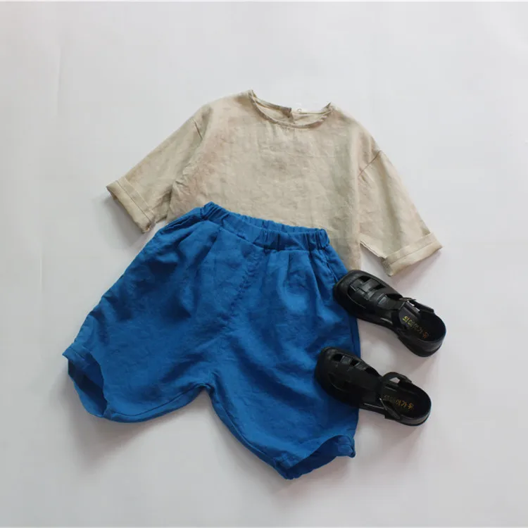 deer jonmi Summer Children Solid Color Retro Loose Shirts Korean Style Unisex Cotton Linen Tops