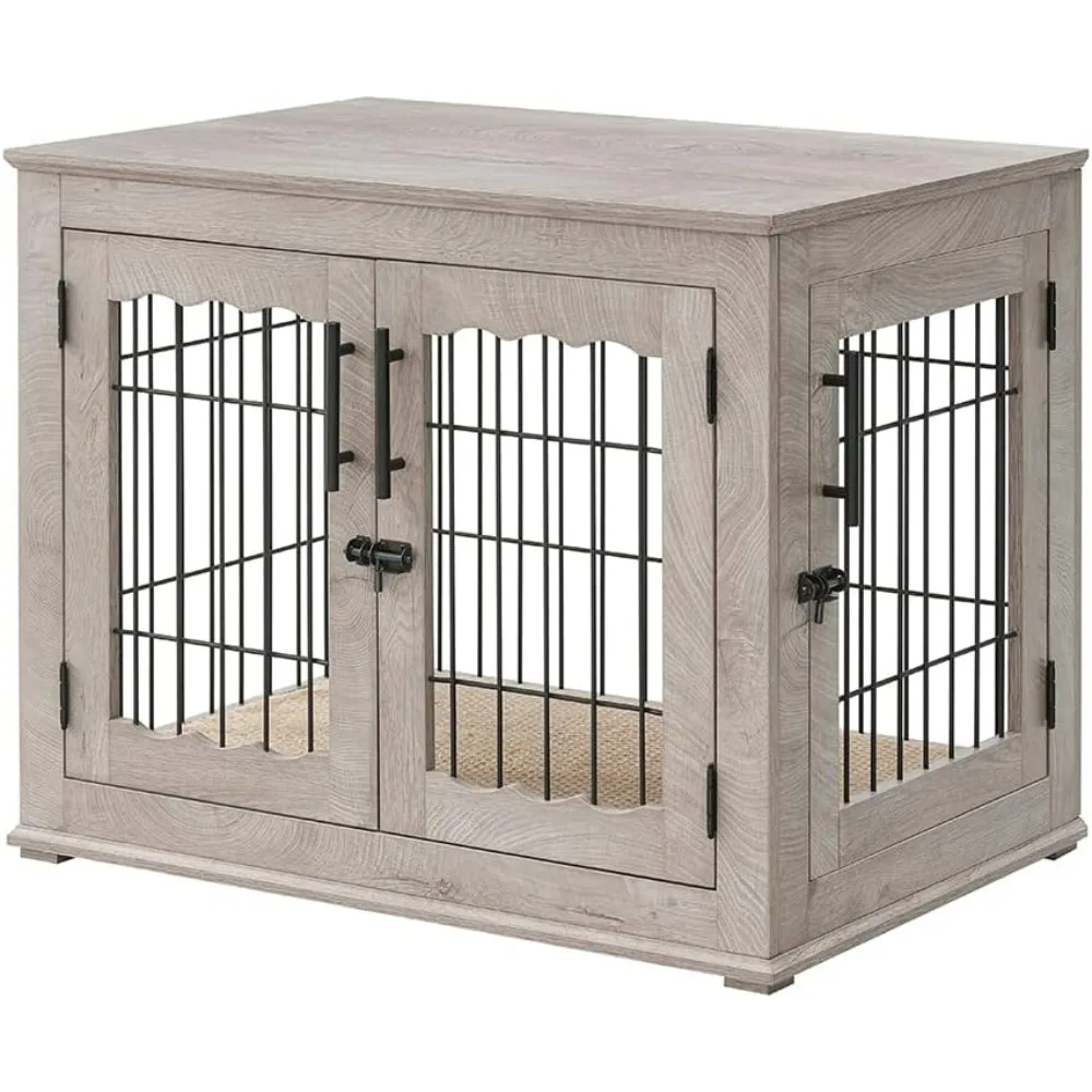 

Kennels, Furniture Style Dog Crate End Table, Double Doors Wooden Wire Dog Kennel with Pet Bed, Kennels