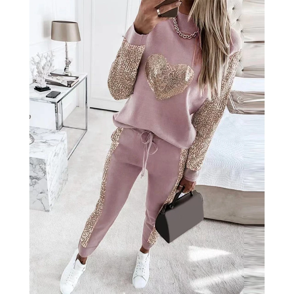 Women Heart Sequins Stitching Long Sleeve Round Neck Top & Drawstring Pants Set Causal Female Two Pieces Suit Set Streetwear