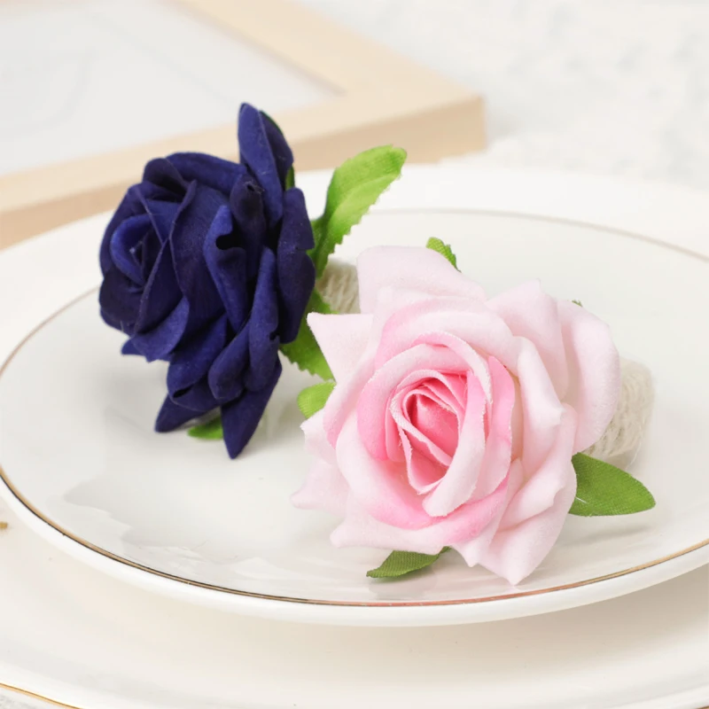 6pcs Artificial Rose Flower Napkin Ring Buckle Handicraft Birthday Party Restaurant Wedding Valentine's DayTable Decor
