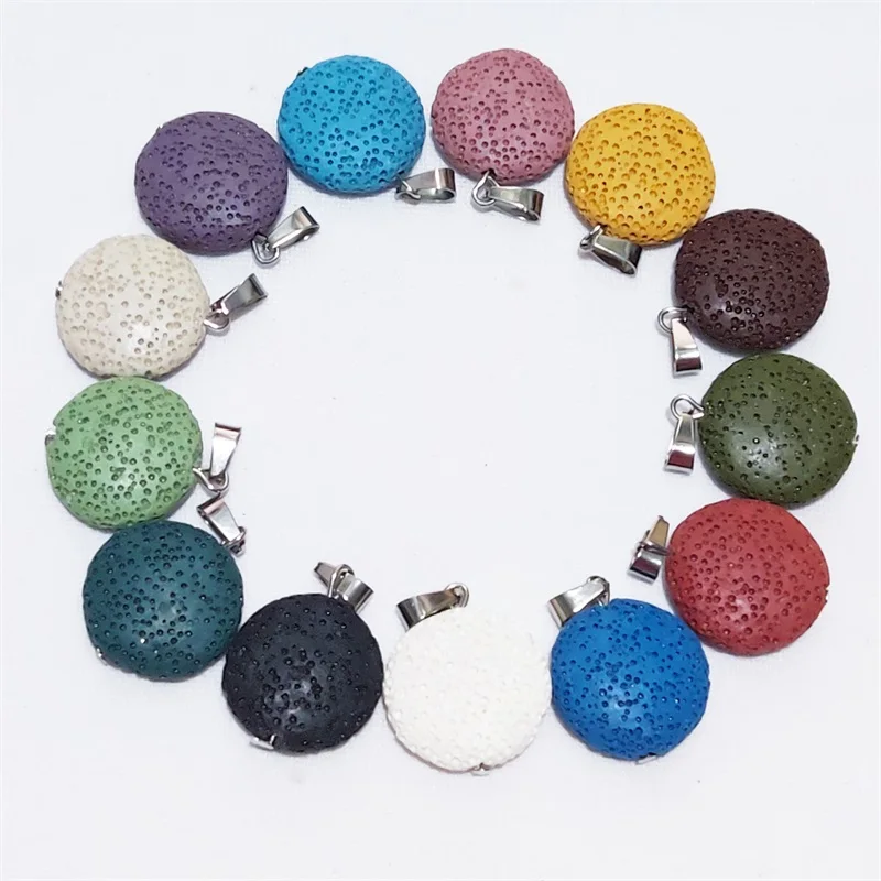 

20pcs Colorful 2cm Flat Round Lava Stone Pendant Essential Oil Diffuser Aromatherapy Charms for Jewelry Making Hotseling