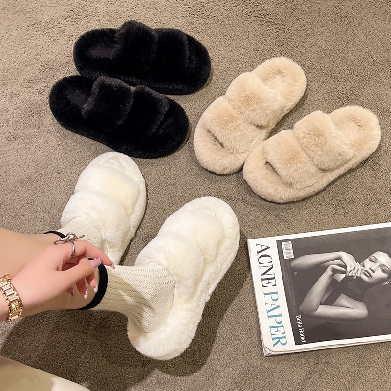 Warm Fluffy Home Slippers Women 2023 New Winter Fur Slippers For Women Flat Platform Cozy Furry House Indoor Shoes Korean Slides