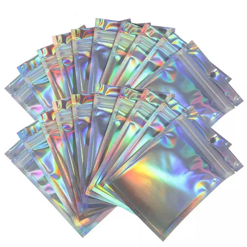 10Pcs Iridescent Self Sealing OPP Bags Plastic Laser Iridescent Holographic Pouches Zip lock Bags for Jewelry Retail Packaging