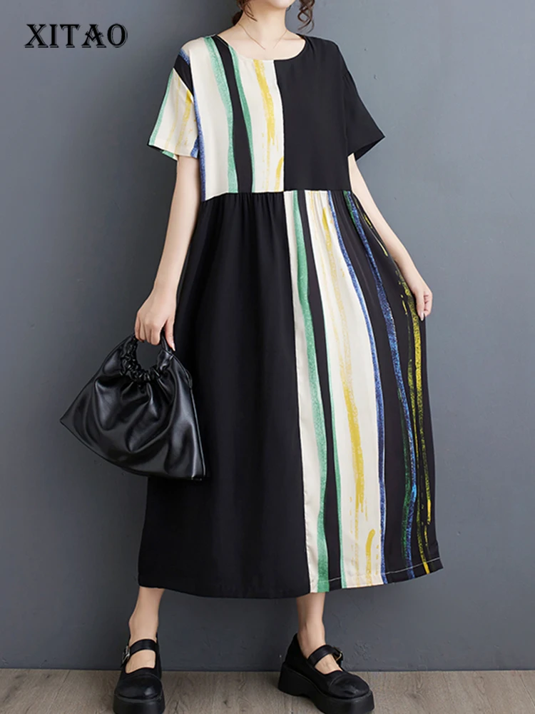 

XITAO O-neck Short Sleeve Print A-line Dress Fashion Patchwork Loose Slimming Casual Simplicity Women New Dress WLD20129