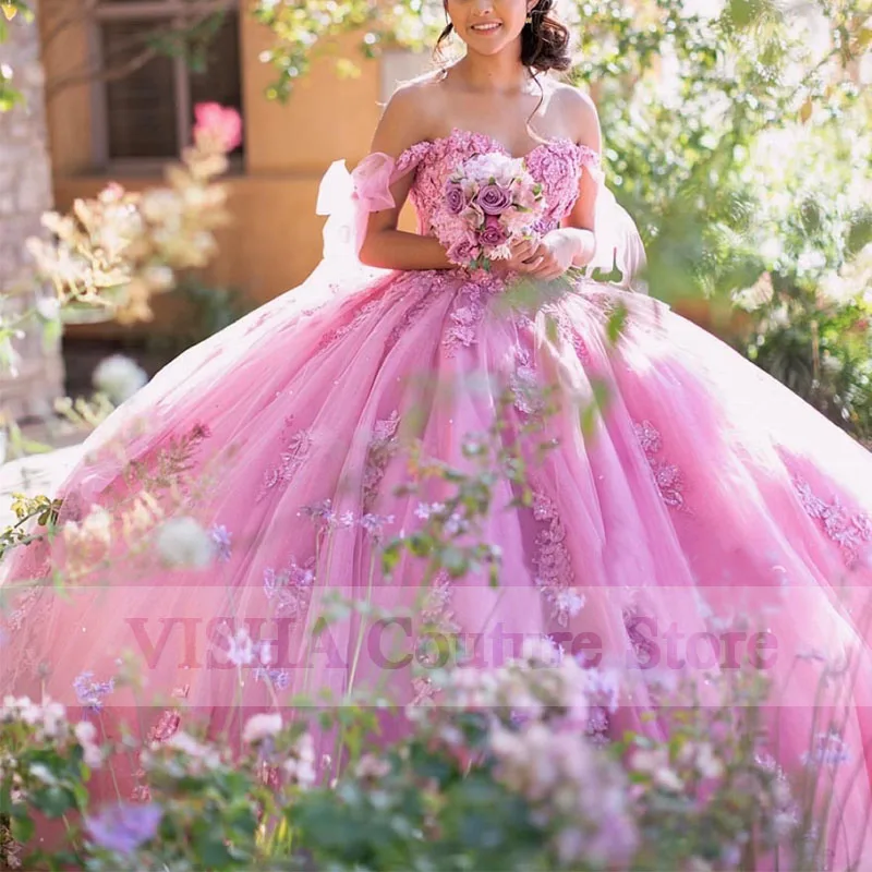 

2023 Sweet Pink Princess Quinceanera Dress 3D Flowers Special Occasion Dress Elegant Tulle Beaded Ball Gown Robe Party
