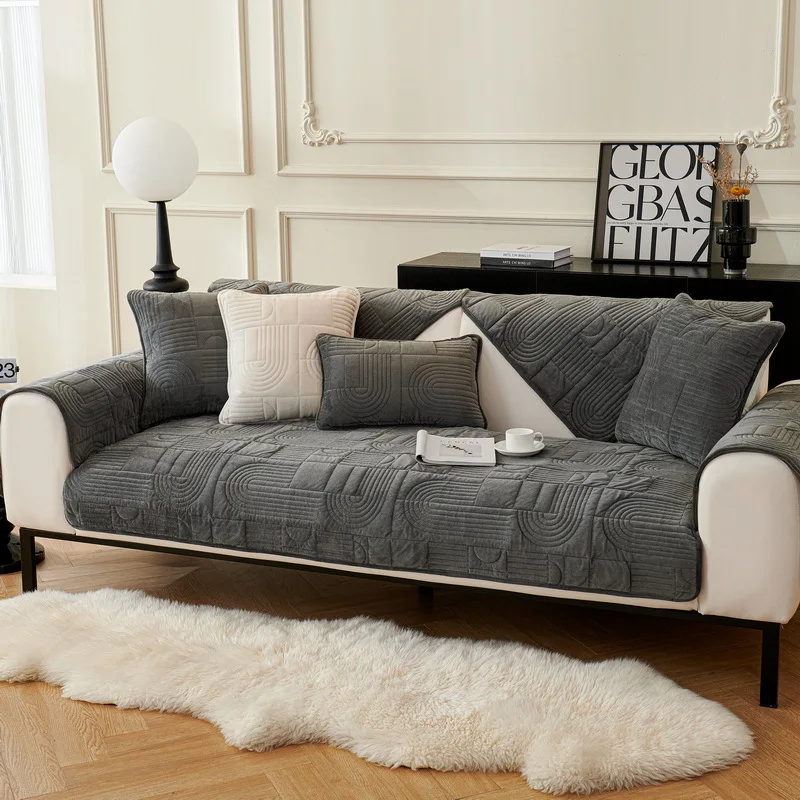 

Embroidery Plush Sofa Cushion Winter Warm Thickened Living Room Sofa Cushion Set Velvet Non-Slip Cushion Armrest Cover Towel