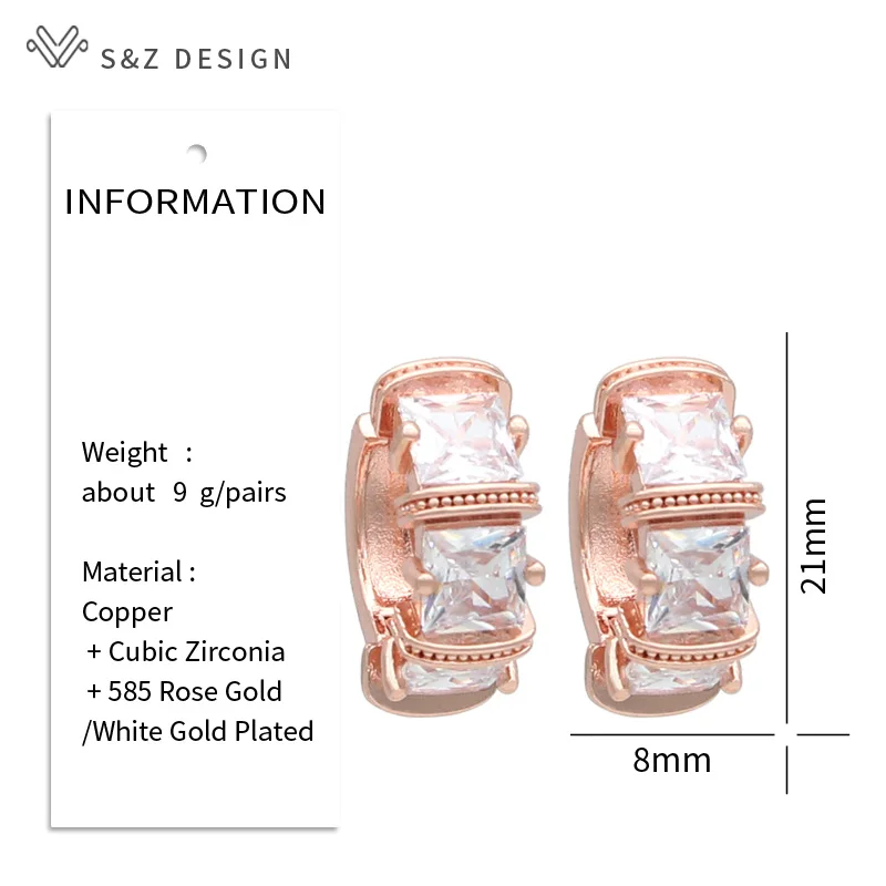 S&Z DESIGN New Fashion 585 Rose Gold Color Square Cubic Zirconia Drop Earrings For Women Wedding Elegant Jewelry Gift
