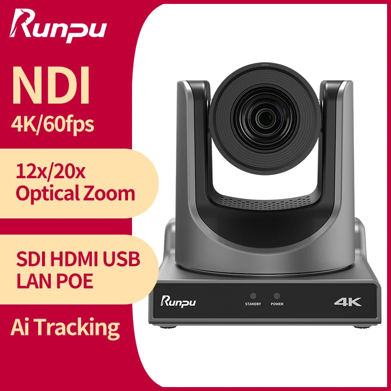 Runpu RP-VX60ASL 4K60FPS NDI Camera POE 12X 20X Zoom AI Tracking PTZ Camera SDI HDMI USB POE IP Conference Camera for Church Live Streaming