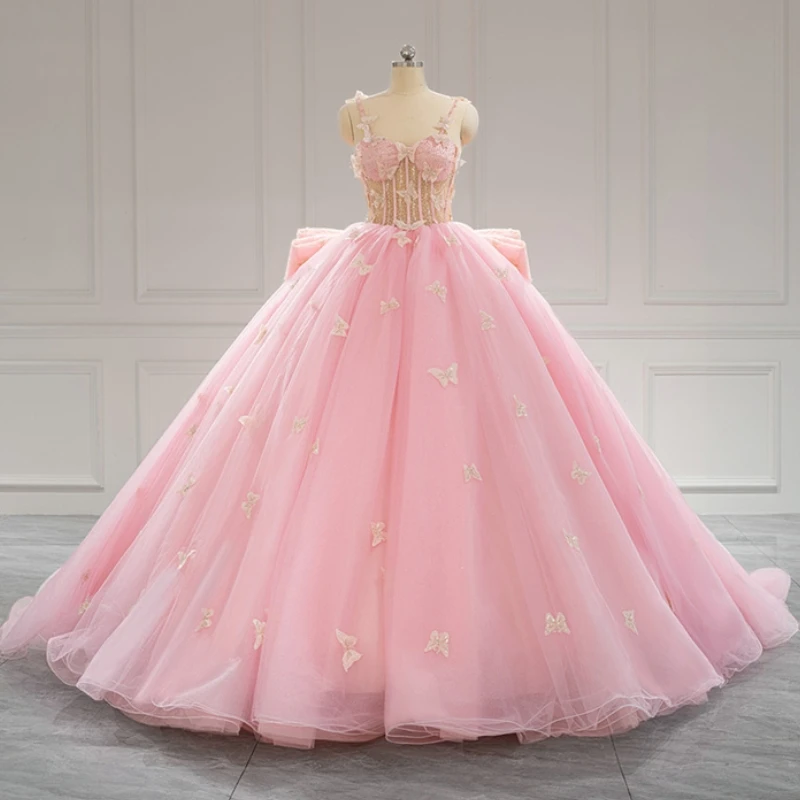 

Роскошное розовое блестящее платье принцессы Quinceanera на тонких бретельках с бисером и бантом в стиле ретро элегантное милое платье 16 De 15