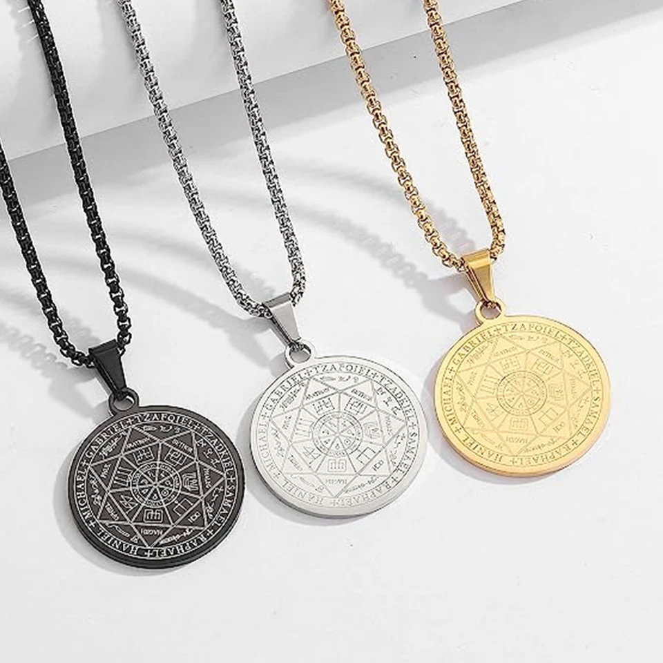 Collana da uomo, Collane con sigillo dei sette Arcangeli, Acciaio inossidabile Il sigillo di 7 Arcangeli, Pendenti con amuleto di Salomone Kabbalah  36