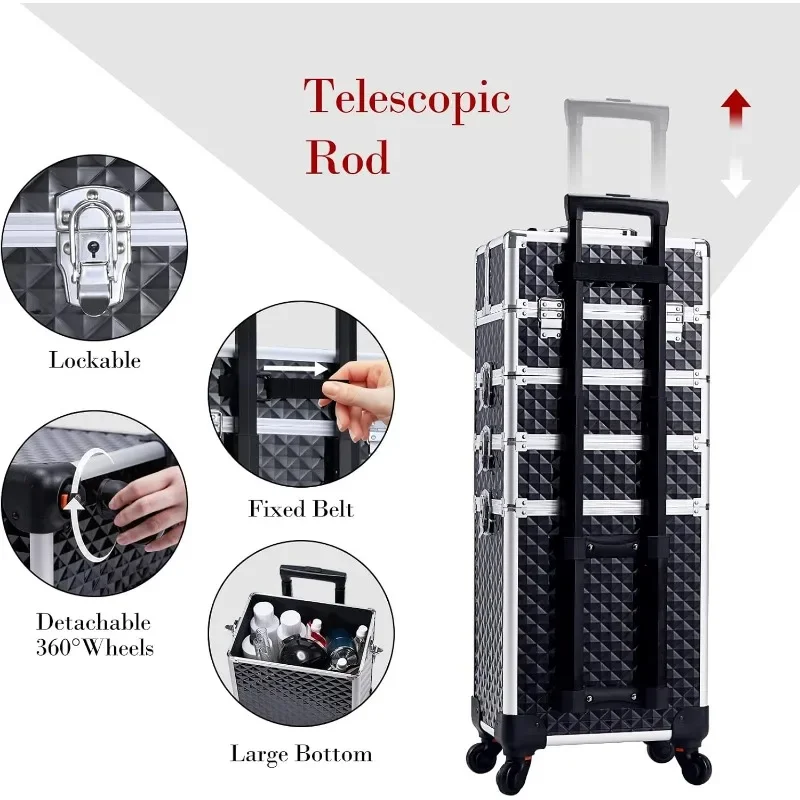 4 in 1 Rolling Makeup Case Cosmetic Train Case Trolley Roll Travel Box for Makeup Artist, Hairstylists, Nail Tech Makeup Cart 3