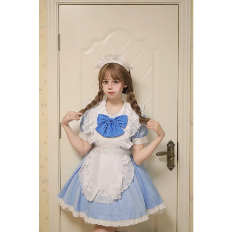 Mädchen Damen Cute Cosplay Lolita Maid Kleid mit Headband S-5XL, Schwarz/Pink/Blau/Lila/Gelb/Grün 46