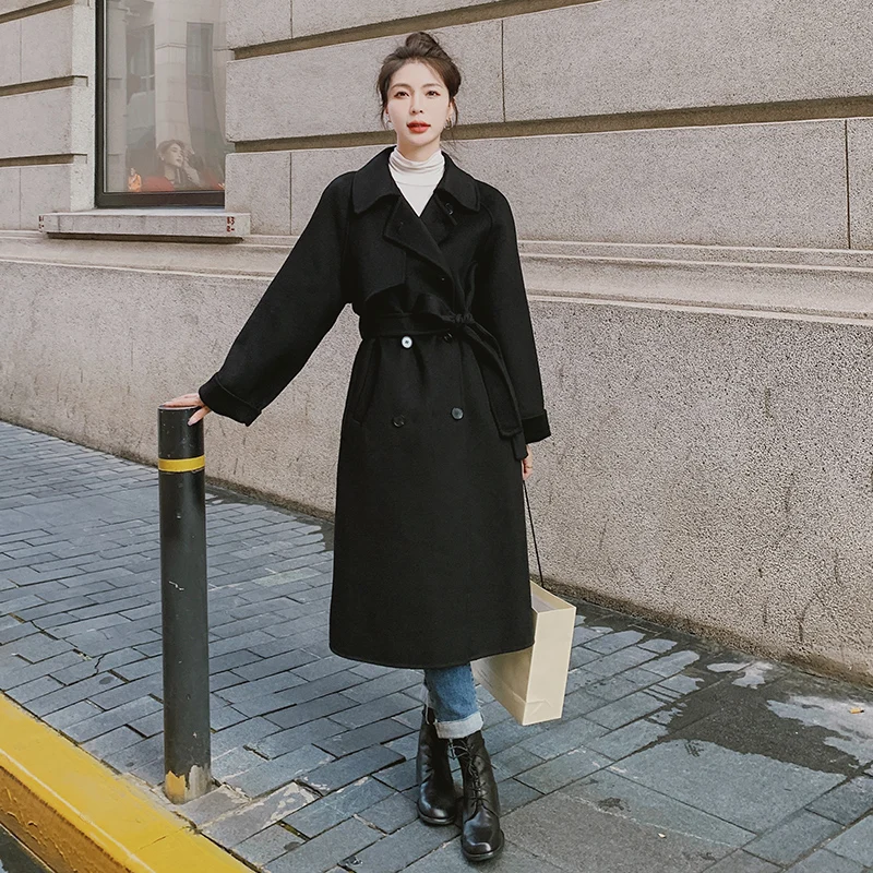 

Double Breasted Bandage Black Woolen Coat Overcoat Autumn Winter Women Elegant British Style Loose Long Jacket Outerwear 6823
