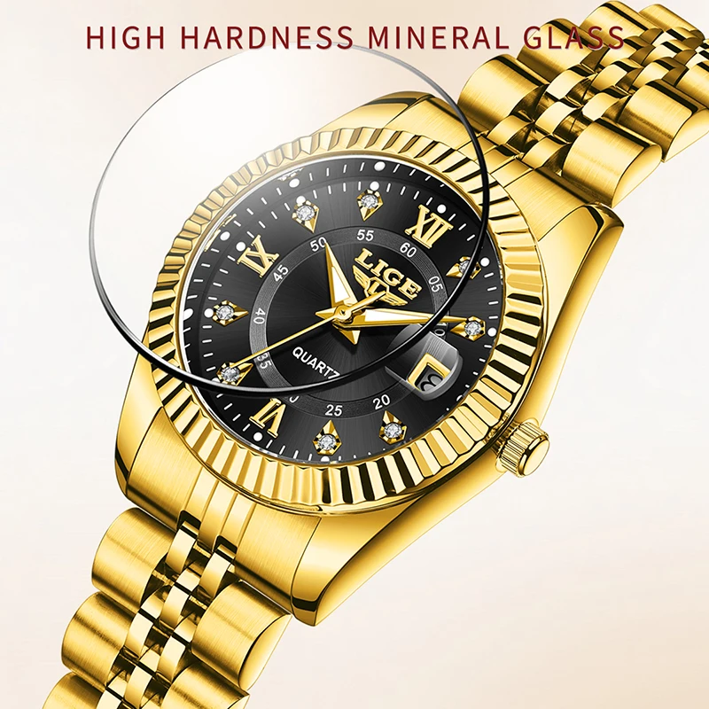LIGE Fashion Golden Watch for Women Stainless Steel Waterproof Women's Watches Elegant Original Luxury Ladies Quartz Wristwatch