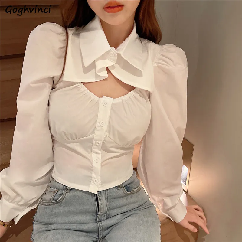 

Shirt Women Sexy Hollow Out Elegant All-match Solid Harajuku Streetwear Princess Sleeve Casual Turn-down Collar Trendy Ins Cozy