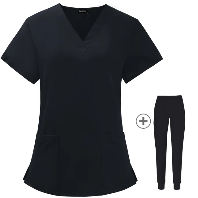 Operating Room Medical Uniforms Women Scrubs Clothes Sleeve V-Neck Workers T-Shirt Tops Summer Uniformes  Medical Accessories Black