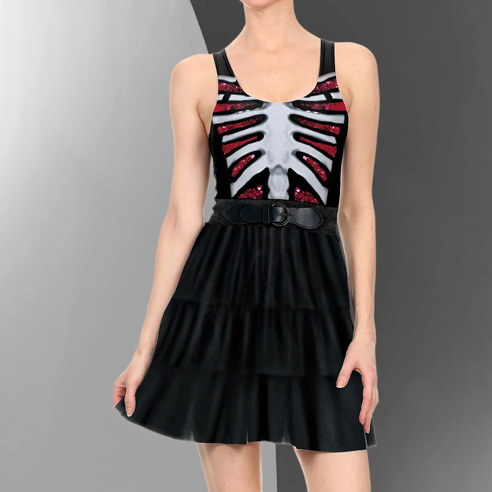 

Color Cosplayer Gothic Halloween Skull Women Sundress Party Cosplay Costume Dress Evening Scary Outfit Sleeveless Clothes