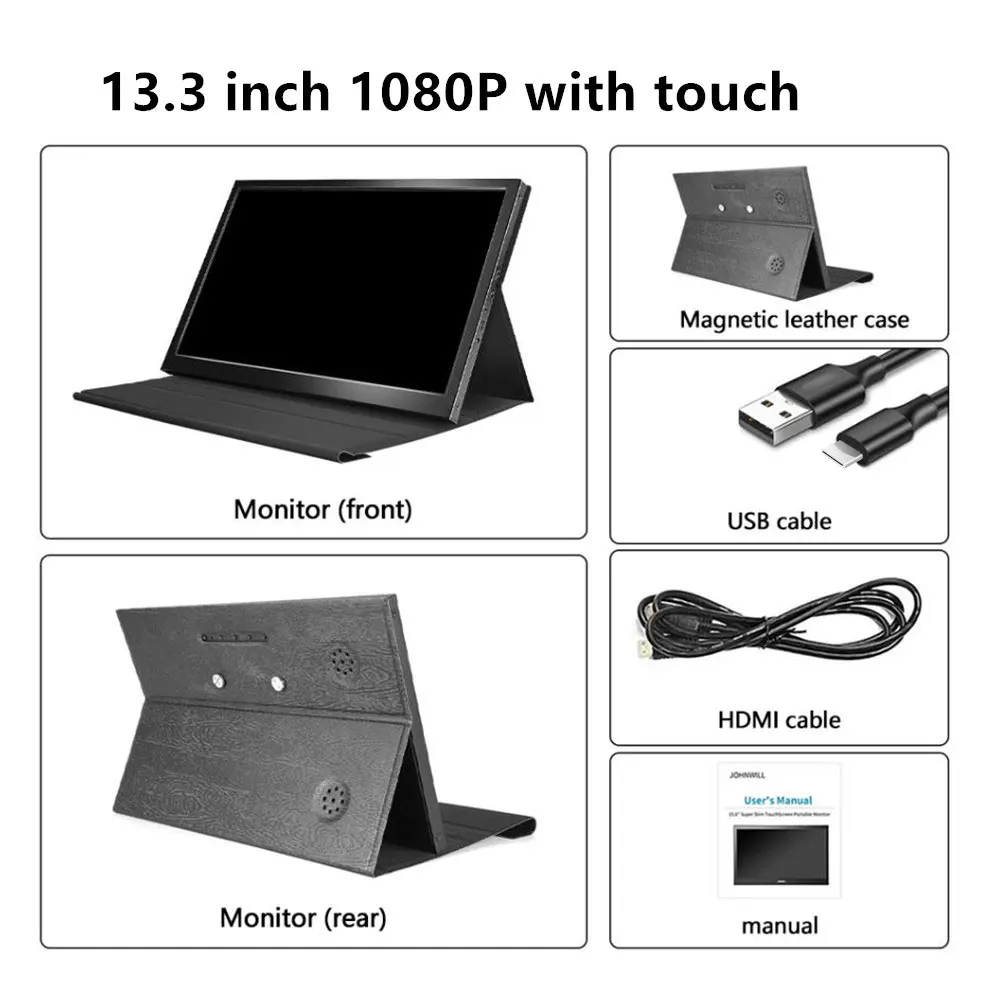 Ʈ ġ IPS ޴ , Ǯ HD 1920x1080, Ŀ , USB 5V2A ǥ HDMI DC 12V2A, 13.3 ġ