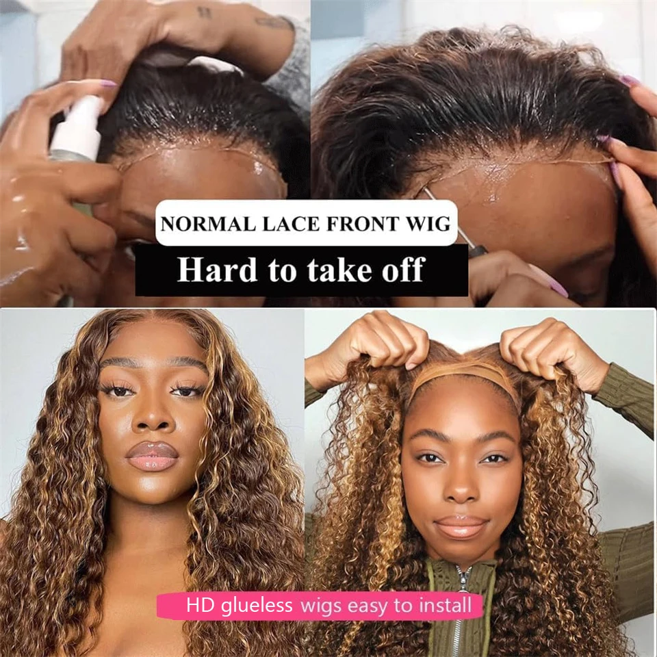Ready to Wear Glueless Wig Highlight Deep Wave 5x5 HD Lace Closure Wigs Pre Cut Lace for Women P4/27 Honey Blonde Pre Plucked
