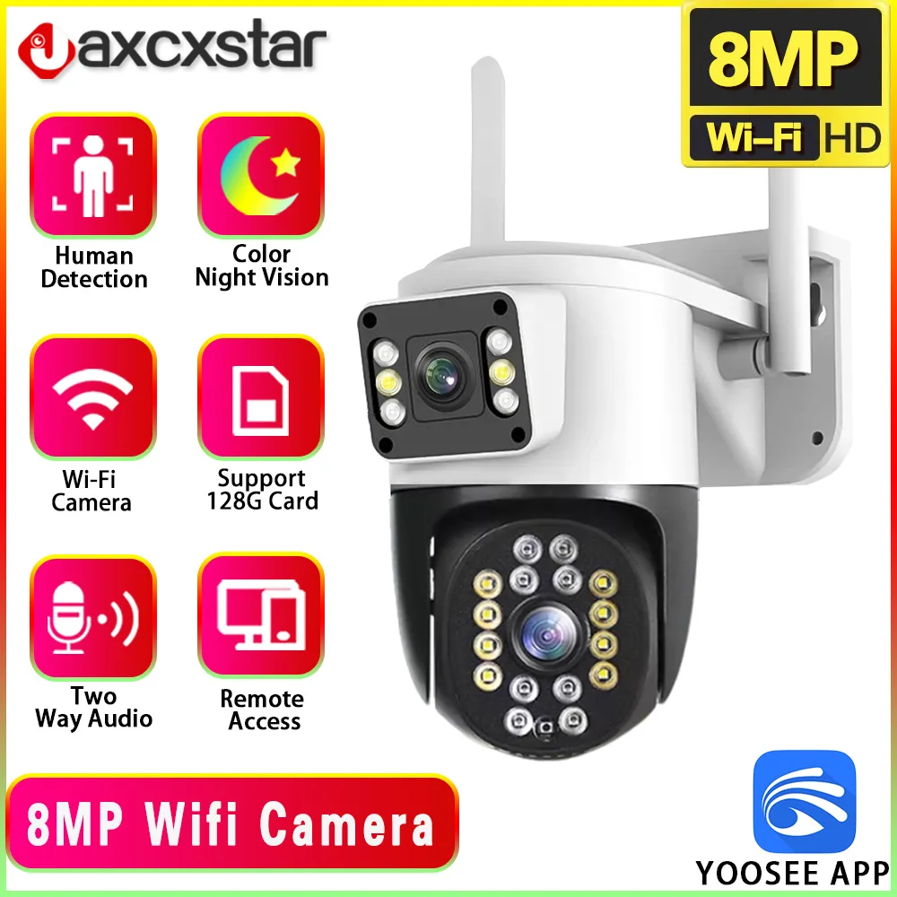4K 8MP HD YOOSEE IP Camera Dual Lens PTZ Wifi Camera Dual Screen Auto Tracking Two Way Audio Color Night Vision Security Camera