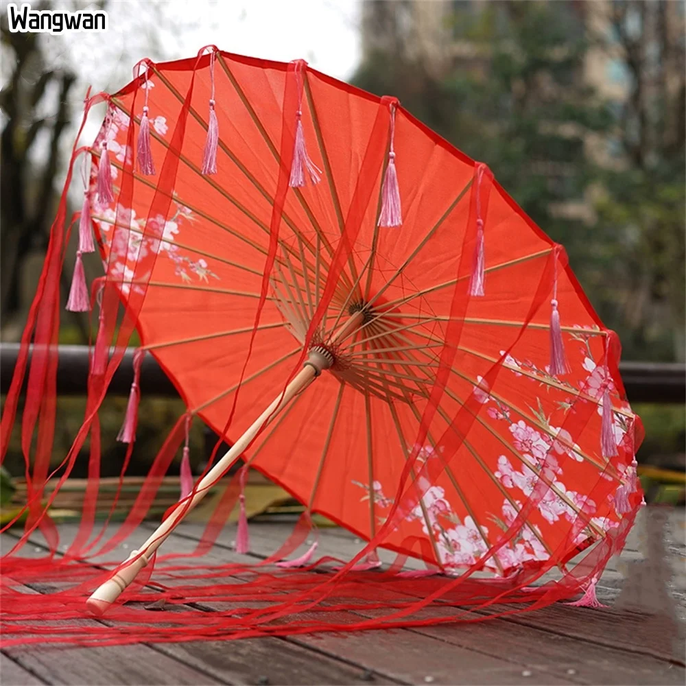 

Hanfu Tassel Parasol for Women Silk Cloth Japanese Cherry Blossoms Ancient Dance Decorative Chinese Style Oil Paper Umbrellas
