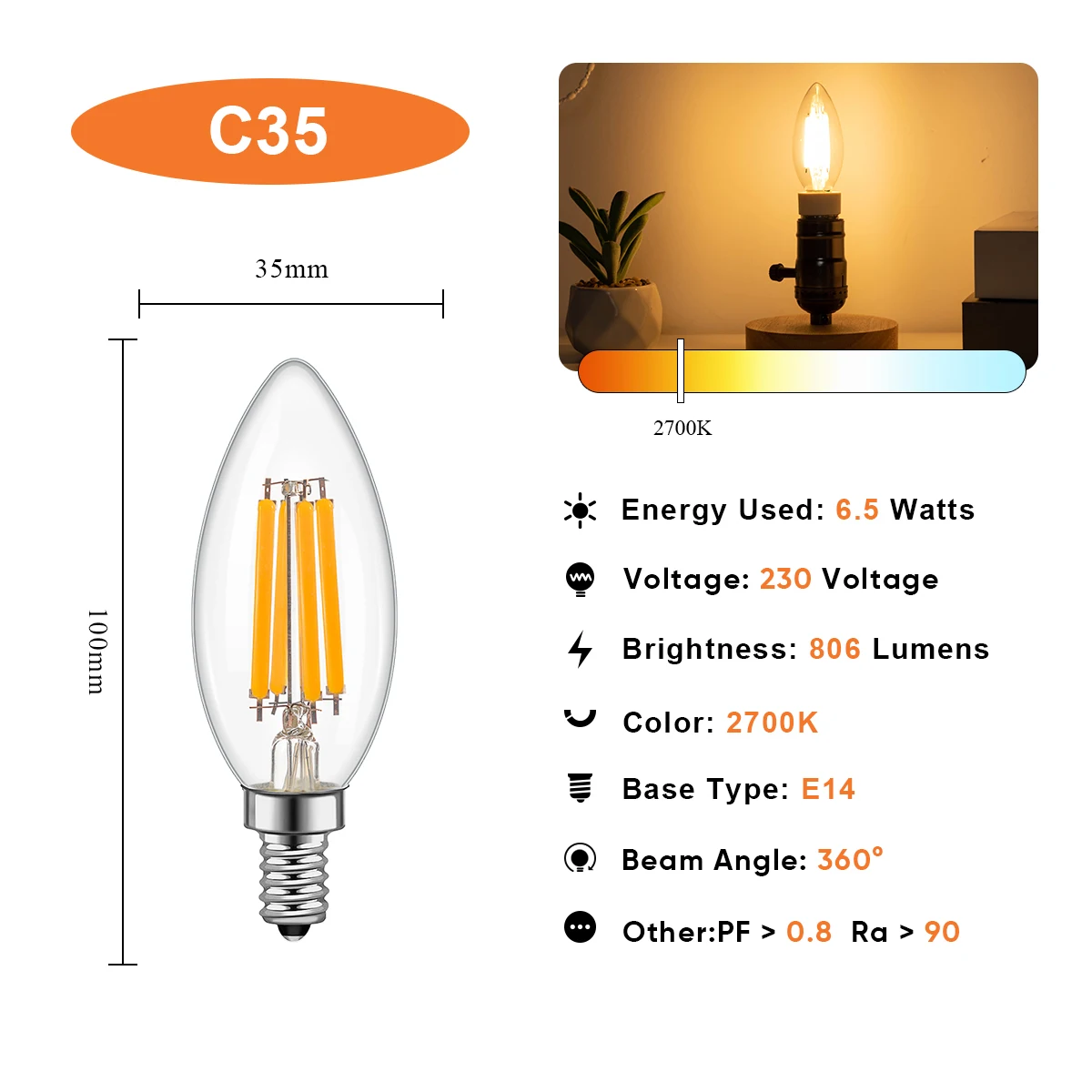 C35 キャンドル Led 電球 6.5 ワット調光可能なフィラメント電球 806lm