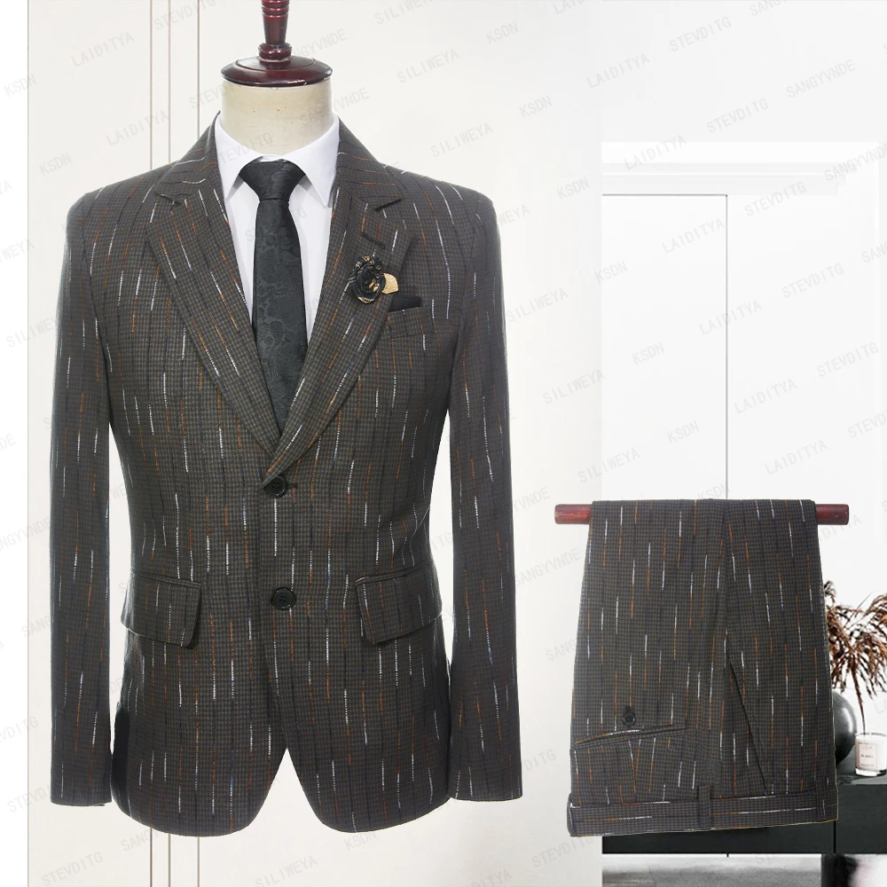 

Мужские деловые льняные костюмы, синие и желтые костюмы в клетку с цветными полосками, приталенные свадебные костюмы для жениха, комплект из 2 предметов, жакет и брюки, Новинка лета 2023