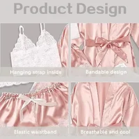 Women's Summer Sexy Pajama Pants Set 4 Pieces Lace Satin With Silk Sleepwear Robe Fashion And Comfortable Nightwear - Image 2
