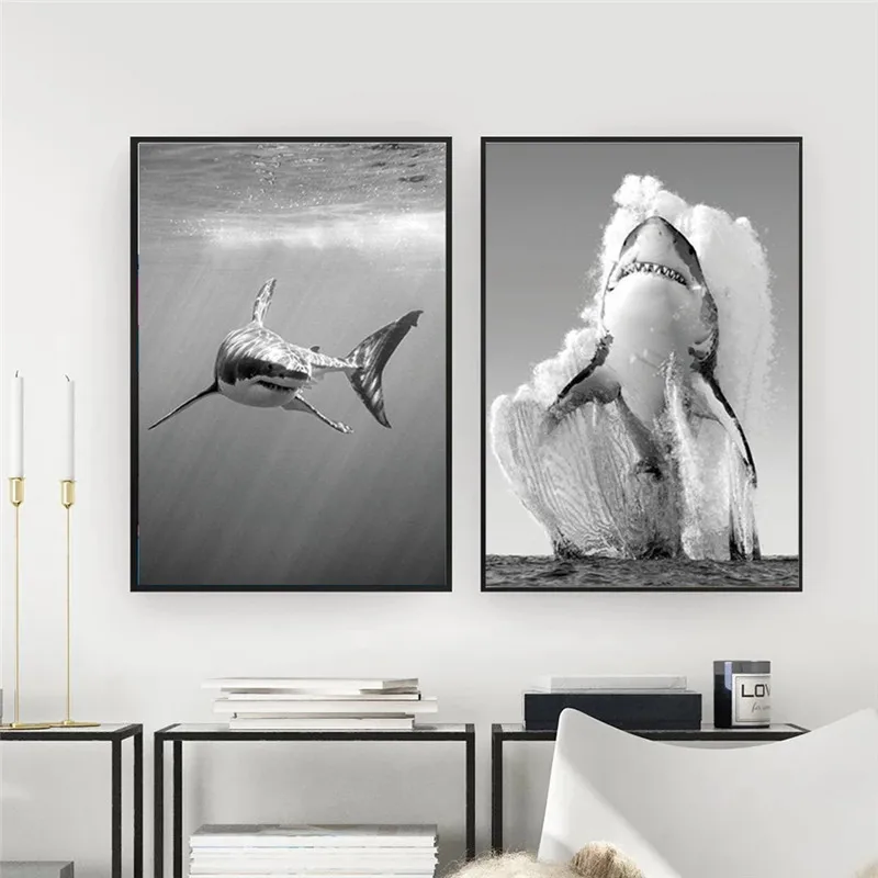 Animal Canvas Painting Great White Shark Black White Wall Art Poster E Stampe Monocromatico Nature Painting Picture Home Decor