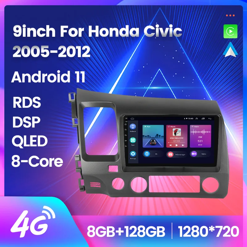 

LHD Android 11 Car Radio Auto Audio Stereo For Honda Civic 2005-2012 8-core GPS Navigation Carplay+Auto WiFi+4G DSP RDS BT QLED