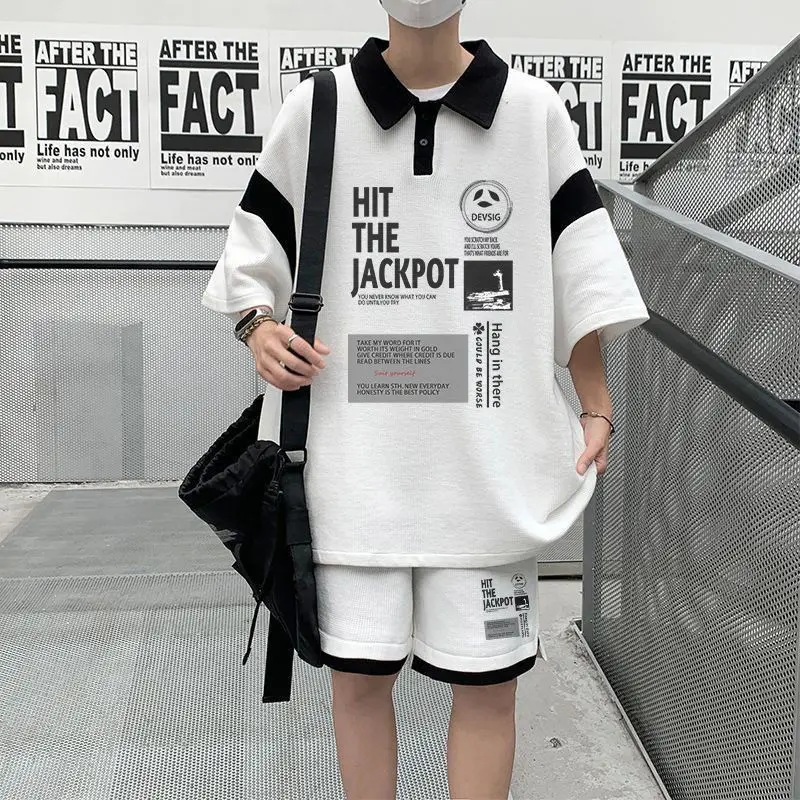 American high street ins trendy brand short-sleeved shorts, handsome youth wear, waffle, loose and versatile for men y2k tops