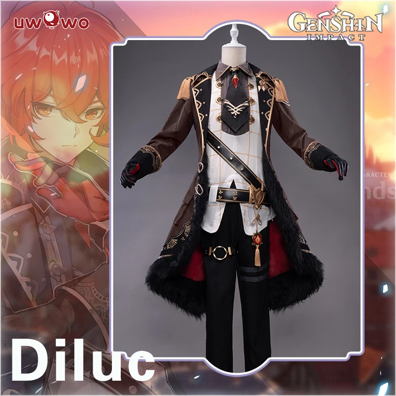 

Only S M L UWOWO Diluc Cosplay Costume Game Genshin Impact Cosplay Handsome Nobiliary Uniform Halloween Outfit Cloak Shirt Pants