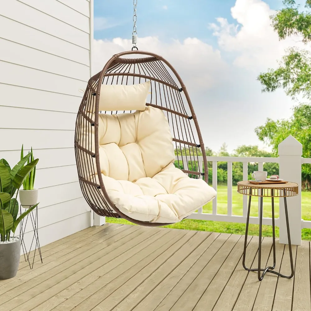 Hanging Egg Swing Chair, Outdoor Wicker Hammock Chairs Without Stand UV Resistant Cushion 350lbs for Patio, Patio Swing