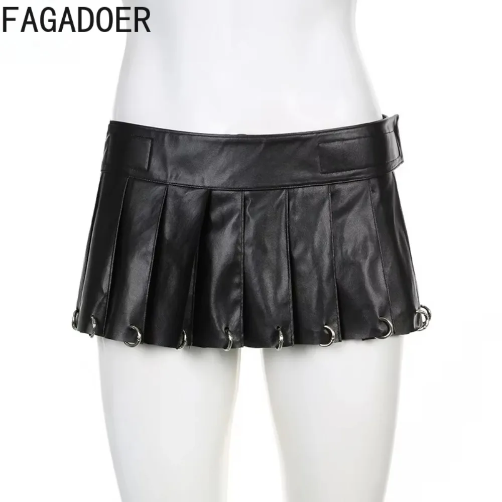 FAGADOER Punk Sexy Leather Pleated Mini Skirts Two Piece Set Women Hooded Backless Lace Up Crop Top And Skirts Nightclub Outfit 4