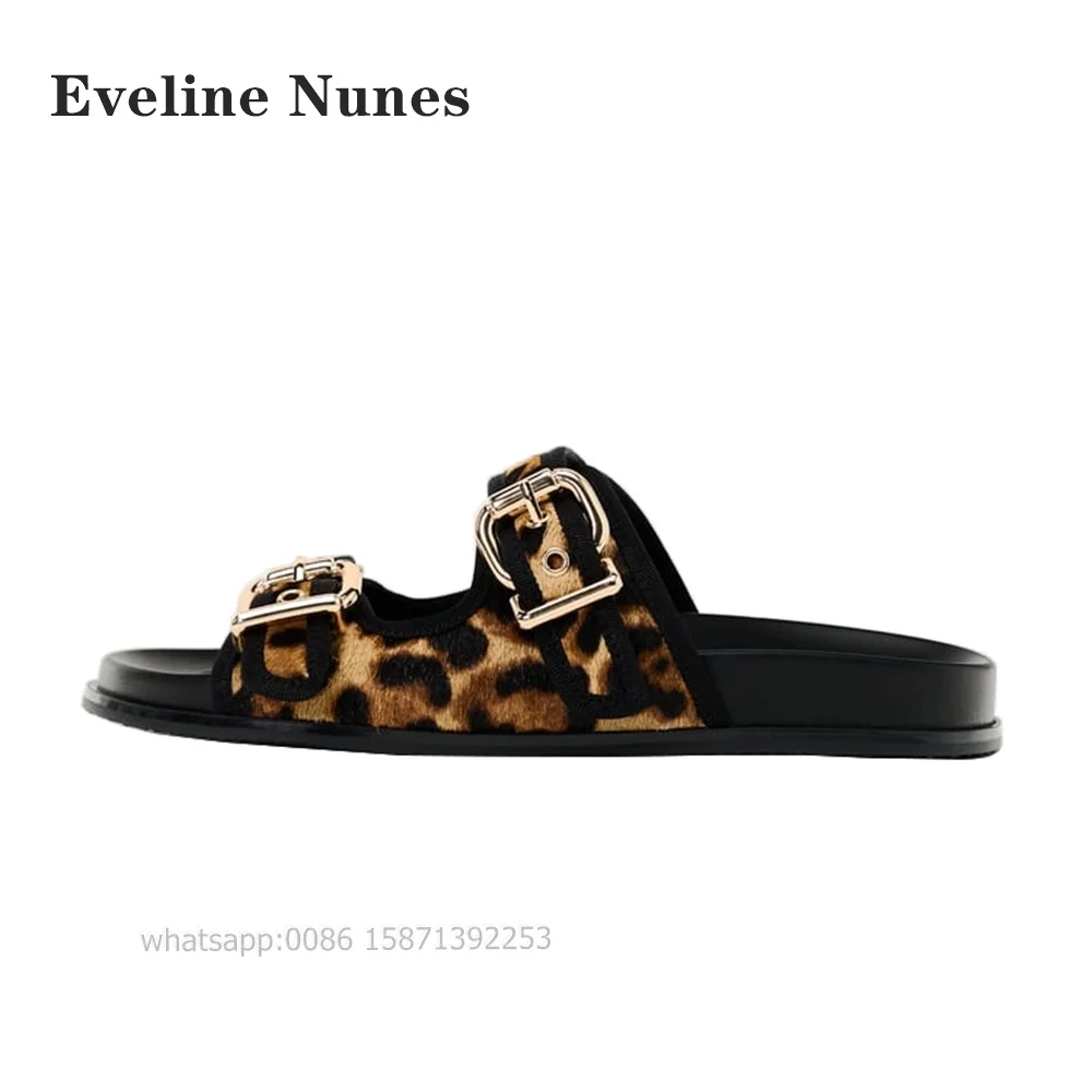 Leopard Mental Buckle Women Slides Open Toe Flat with Side Air Belt Buckle Modern Slippers Slip On Hollow Sandals Sand Summer