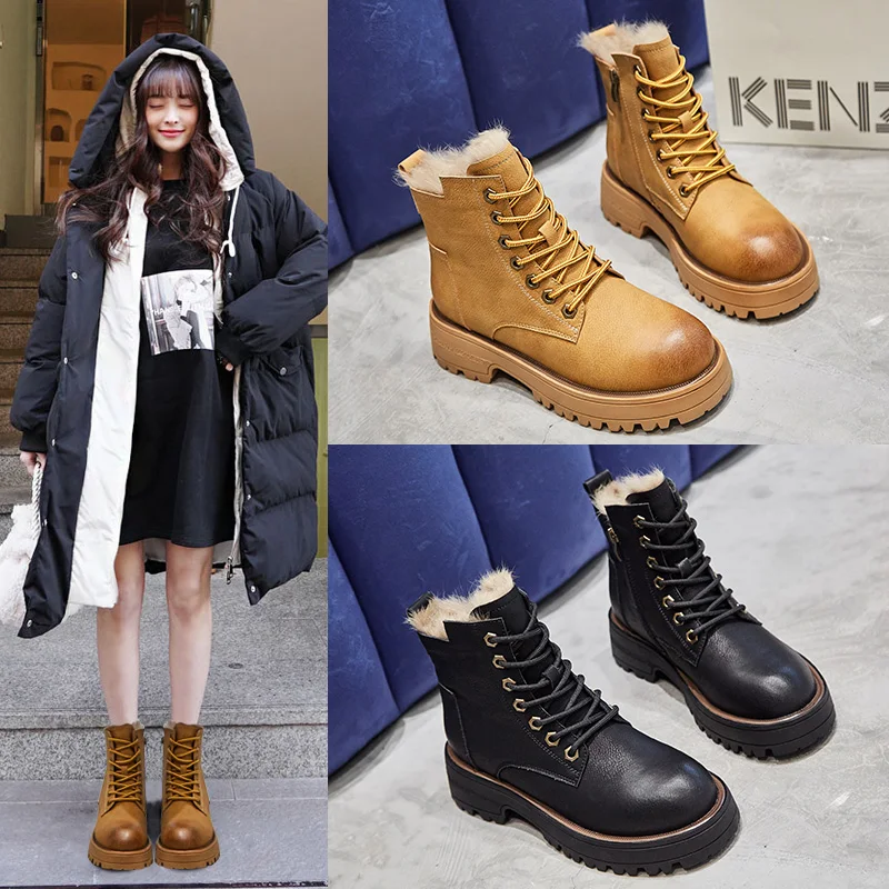 

2023 new Autumn winter Women ankle boots natural leather 22.5-25cm cowhide+cony hair+plush modern boots side zip platform boots
