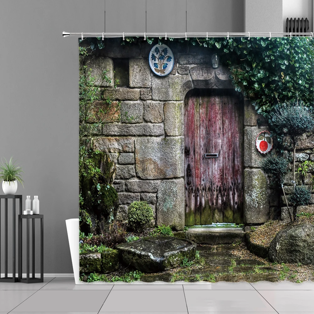 

Retro Nordic Stone Walls Old Door Bath Curtains Rural WEuropean Classical Architecture Design Shower ​Curtains Bathroom Screen