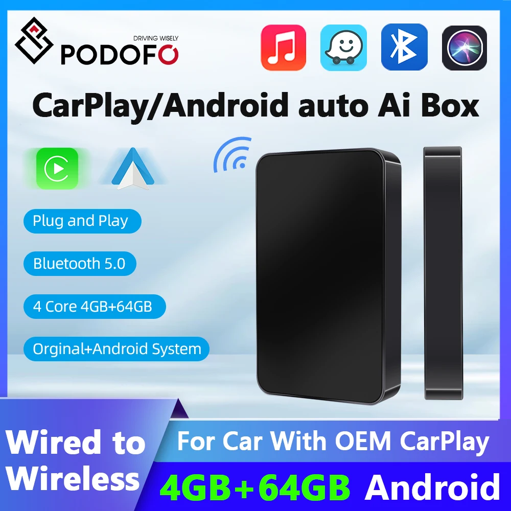 Podofo 4Gb + 64Gb Android Wireless Carplay Ai Box Wireless Android Auto Bluetooth5.0 Multimedia Per Auto Con Oem Carplay