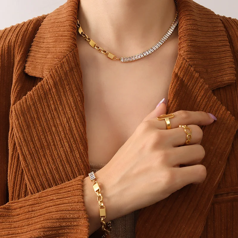 Elegant Gold Plated Zircon Jewelry Set for Women - Necklace and Bracelet