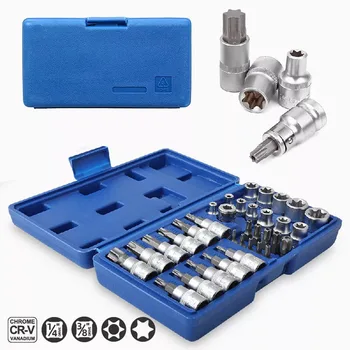 34Pcs Torx Star Sockets & Bit Set Male / Female E- Security Bits Drive Handheld Tool Torque Star Socket with Blue Case 3