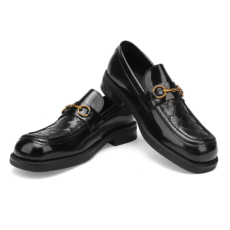 Men Business Shoes Laces Round Head Leather Knitted Shoes Thick Soles