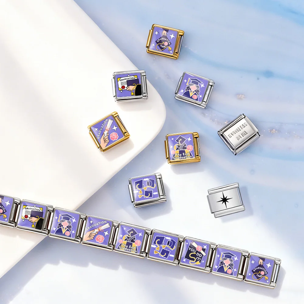 GEMOSA Purple Series Original Design Abschlussfeier-Serie Italienisches Gliederarmband passend für 9mm Armbänder aus Edelstahl mit Charms für DIY-Schmuck