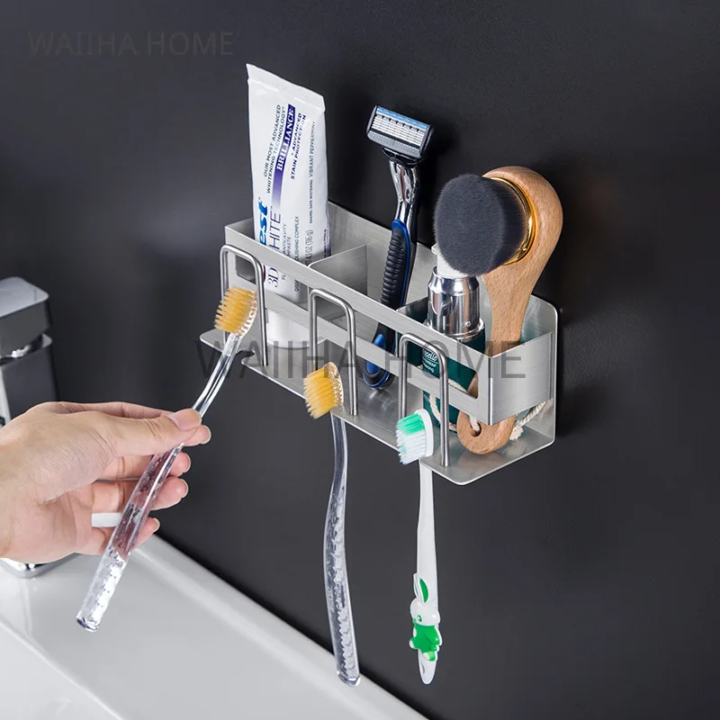 Stainless Steel Cup Holder Wall Mounted Toothpaste Rack Toiletries Storage Rack Bathroom Multifunctional Toothbrush Holder