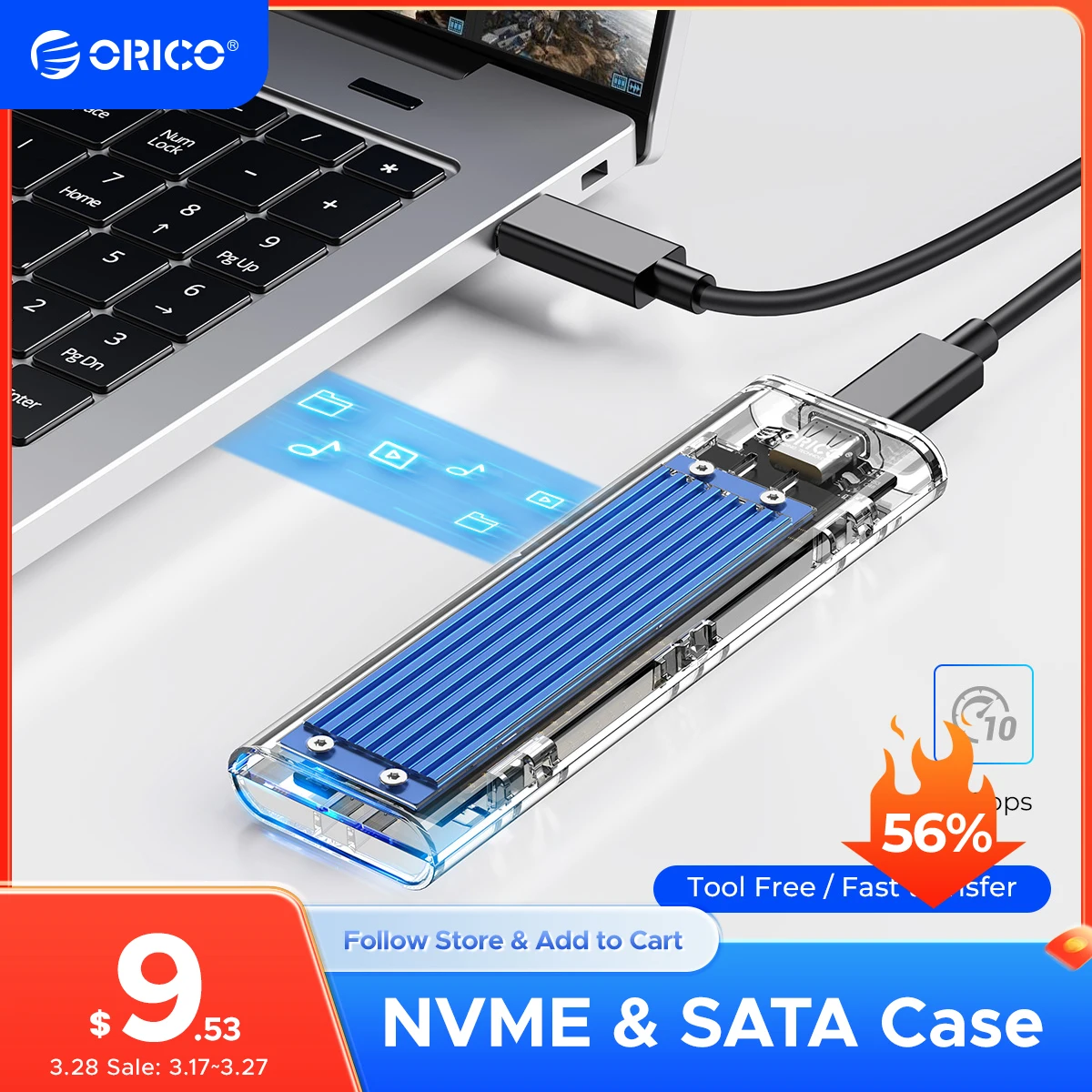 ORICO M2 SSD Case NVME SATA SSD Enclosure Tool Free 10Gbps M.2 to USB Type C Transparent External Adapter Support UASP Trim orico lsdt m 2 nvme ssd case 20gbps aluminum m 2 nvme ssd enclosure usb3 2 gen2 x2 type c for m 2 hard drive up to 2tb c to c