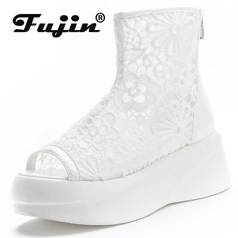 

Женские сапоги с открытым носком Fujin, черные сапоги до колена с сетчатым верхом, на толстом каблуке 6 см, с открытым носком, на молнии, на танкетке, лето 2019