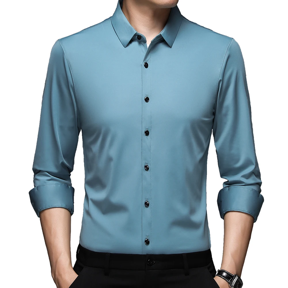 

2022 brand elastic solid mens shirts for men clothing korean fashion long sleeve shirt luxury dress casual clothes jersey 90237
